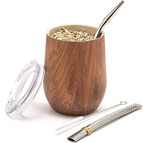 BALIBETOV 12 oz Yerba Mate Set with Ash Wood Cup, Lid, 2 Bombillas & Brush