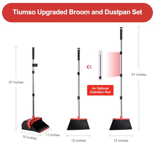 Broom and Dustpan Set with 51" Long Handle & Self-Cleaning Teeth