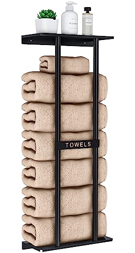 STWWO Wall Mounted Bathroom Towel Rack with Shelf, Holds 6 Towels - Black