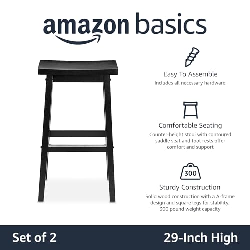 Solid Wood Saddle Seat Bar Stools with Footrest, 29-Inch - Set of 2, Black