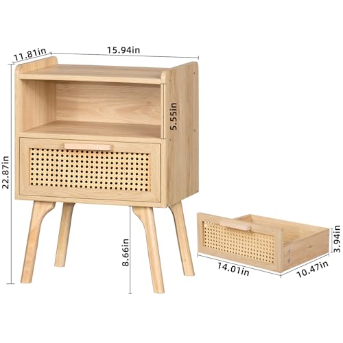 Rattan Nightstand with Drawer and Open Shelf, Boho Wood Side Table