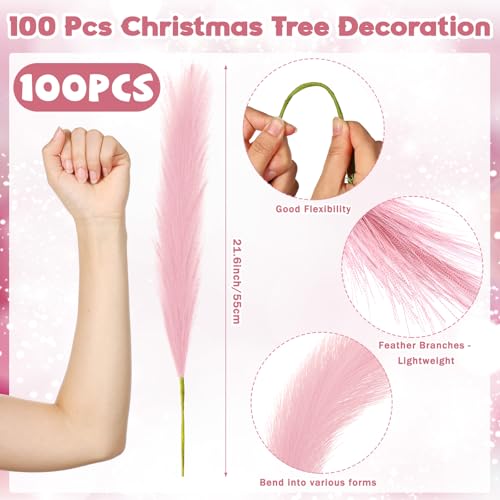 Daifunli Pink Pampas Grass 100 Pcs - 21.7" Boho Christmas Tree Picks