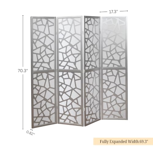 4-Panel Mosaic Room Divider with Silver Frame, White Folding Privacy Screen