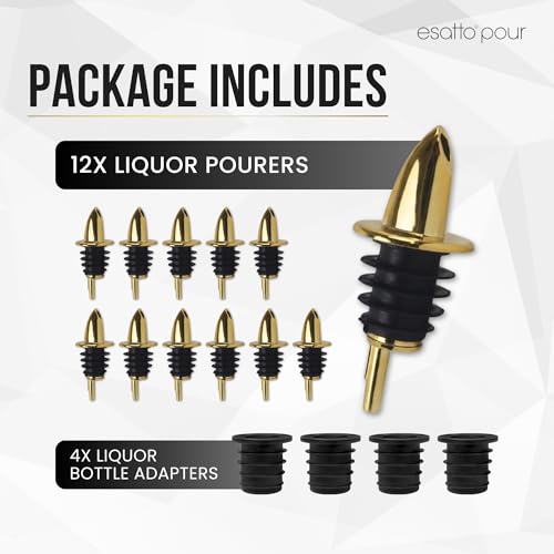 Esatto Gold Plastic Bottle Pourers 12 Pack - High-Speed Liquor & Syrup Spouts
