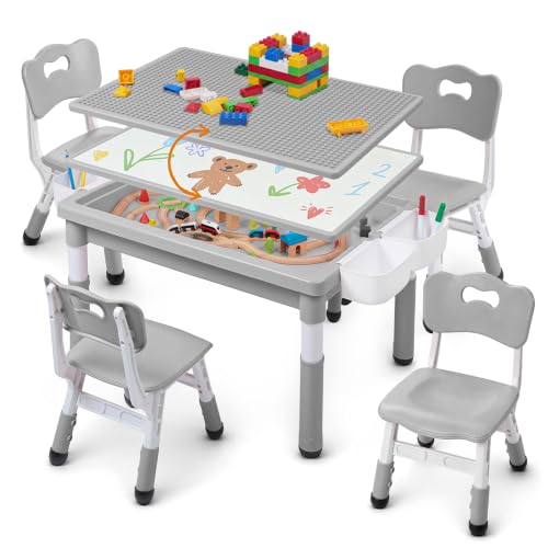 Kids Table and Chairs Set with Storage & Adjustable Height - Grey, 4 Chairs + 1 Table