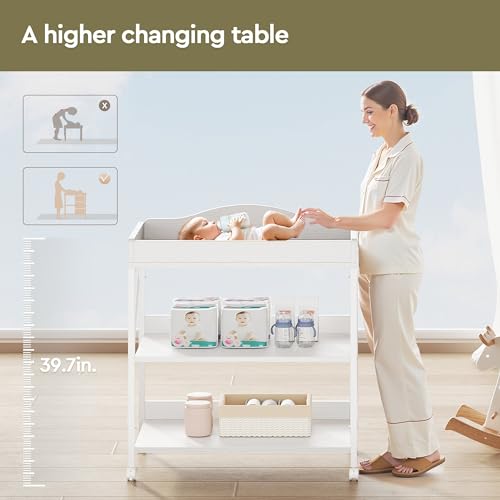 Mobile Baby Changing Table with Waterproof Pad and 2-Tier Storage Shelves