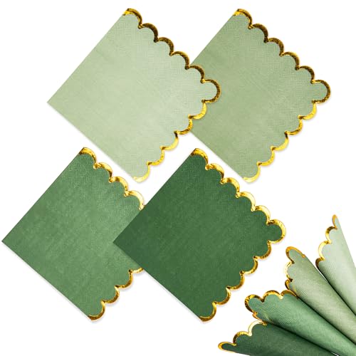 Mealivos 100 Pack Gold Green Disposable Cocktail Napkins 5x5 Inches 2-Ply Scalloped Edges for Weddings & Parties