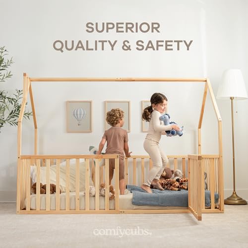 Twin Size Montessori House Bed Frame with Safety Gate and Wood Rails