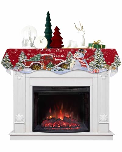 Falaniique 70" L x 17" W Christmas Fireplace Mantel Scarf Runner – Red Truck Snowman Decor