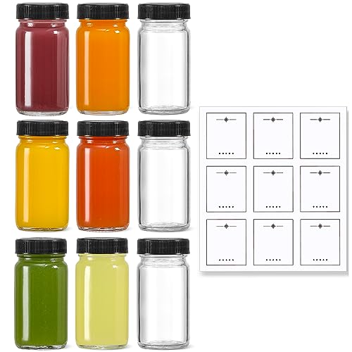 LANDNEOO 9 Pack 2oz Glass Shot Bottles with Black Lids & Labels – Travel-Friendly, Leakproof, Reusable Small Jars