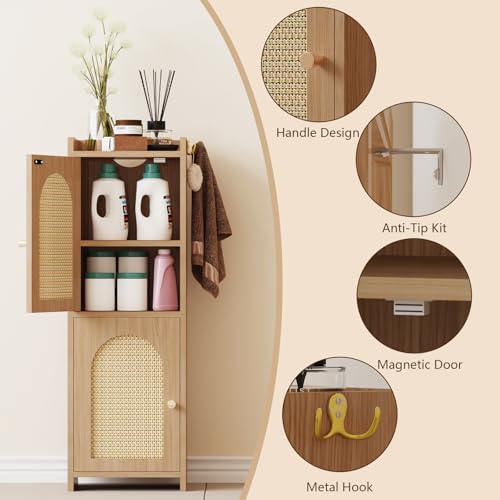 Narrow Rattan Bathroom Storage Cabinet with 2 Doors and Adjustable Shelf