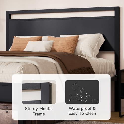 Queen Bed Frame with Wooden Headboard and Footboard, Metal Platform Bed