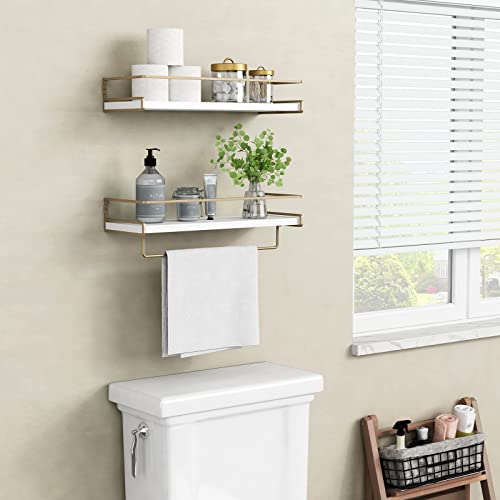 Floating Bathroom Shelves with Towel Bar, Set of 2 White and Gold Wall Shelves