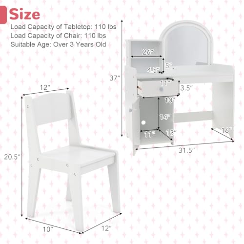 Kids Vanity Set with Lighted Mirror, Chair, and Storage - White Wooden Desk