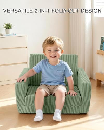 2-in-1 Fold-Out Kids Sofa Chair - Cozy Corduroy Convertible Couch, Green