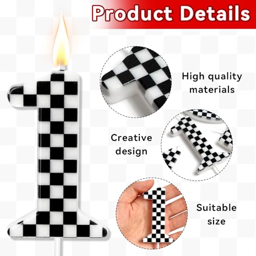Racing Car Birthday Candle - Black & White Checkered Cake Topper
