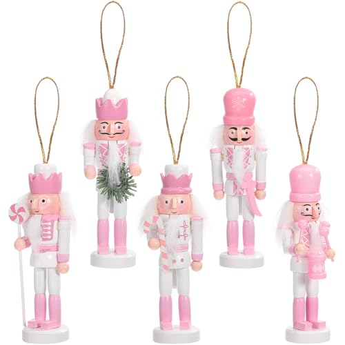 Pink Wooden Nutcracker Christmas Ornaments - 5 Pack Hanging Soldier Decor
