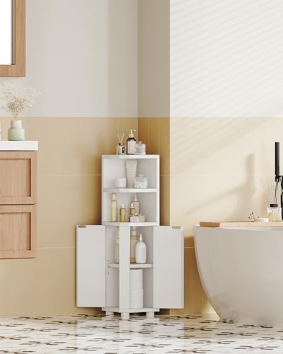 Narrow Corner Bathroom Cabinet with Adjustable Shelves - White Storage Unit