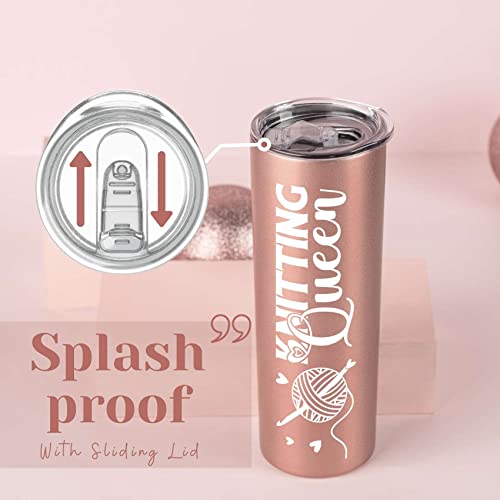 Rose Gold Onebttl Knitting Queen 20oz Stainless Steel Tumbler with Straw & Lid – Crochet Gift for Women