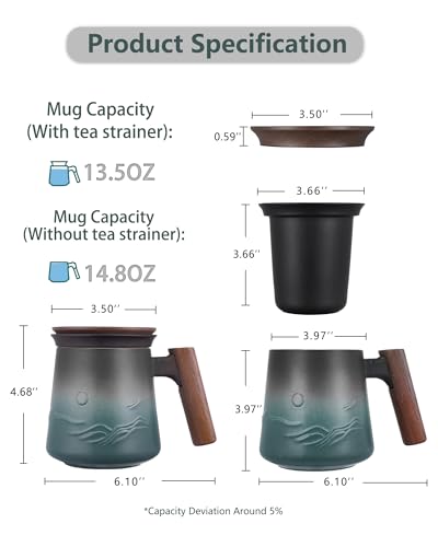 ZENS Blue Mountain 14.5oz Tea Mug with Infuser, Lid & Wooden Handle - Handcrafted Ceramic Steeper