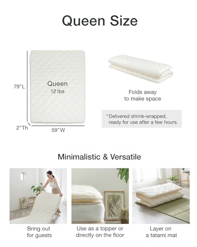 Japanese Futon Queen Size, Foldable Shikibuton Floor Bed, Cotton Sleeping Pad
