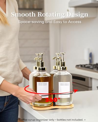 Rotating Coffee Syrup Organizer for 16.9oz Bottles, Bamboo Syrup Rack