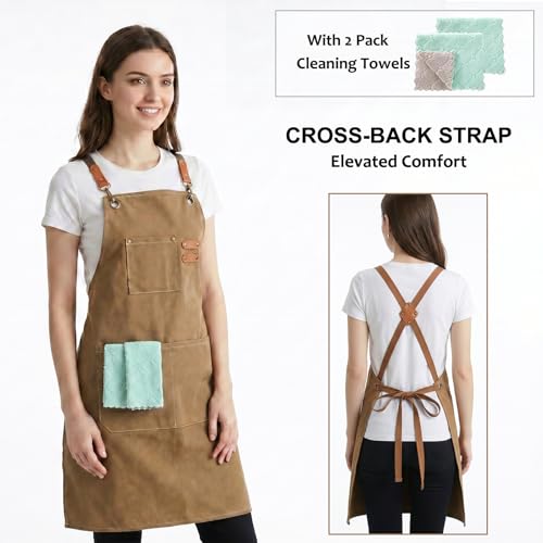 Cotton Canvas Chef Apron with Pockets - Adjustable Cross Back Bib