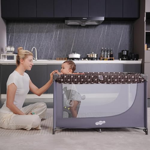 Portable Baby Playpen and Travel Crib with Mattress Pad Lightweight Gray