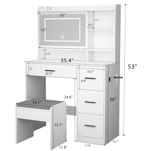 Vanity Desk with Sliding Lighted LED Mirror, Chair, and Power Outlets