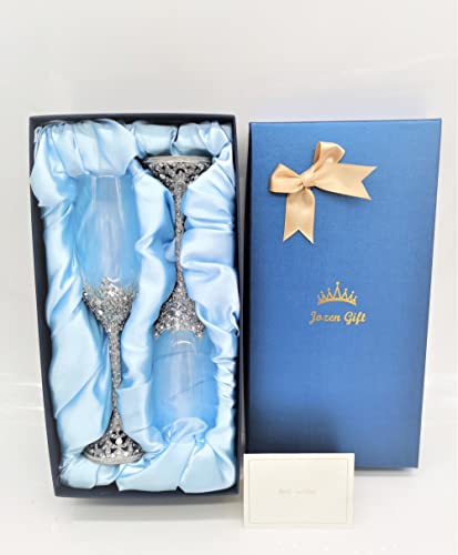 Jozen Gift Silver Crystal Champagne Flutes Set of 2 Wedding Anniversary Party Gift