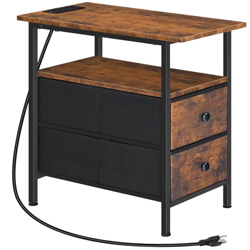 Industrial Narrow End Table with Charging Station and 2 Drawers