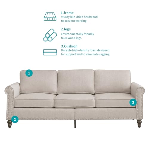 Linen Fabric Living Room Sofa and Loveseat Set with Nailhead Trim, Beige