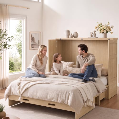 Queen Murphy Cabinet Bed with Tri-Folding Mattress and USB Charging Station