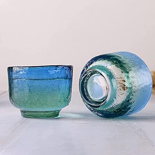 Japanese Sake Set for 4 - Handcrafted Blue Green Gradient Glass Carafe & Cups