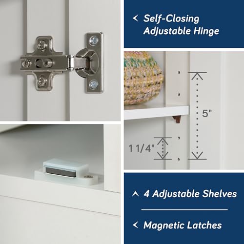 Double Door Tall Storage Cabinet with 4 Adjustable Shelves - White