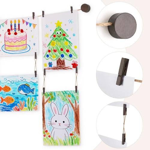 Kids Art Display Hanging Wall Decor with 34 Wooden Clips, 59-Inch Rope