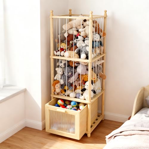 Solid Wood Stuffed Animal Storage Organizer with Clear Drawer