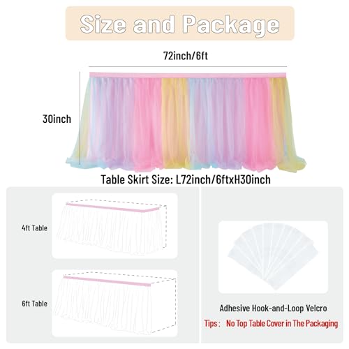 6ft Rainbow Tulle Table Skirt for Rectangle Tables, Pastel Ruffle Tutu Decor