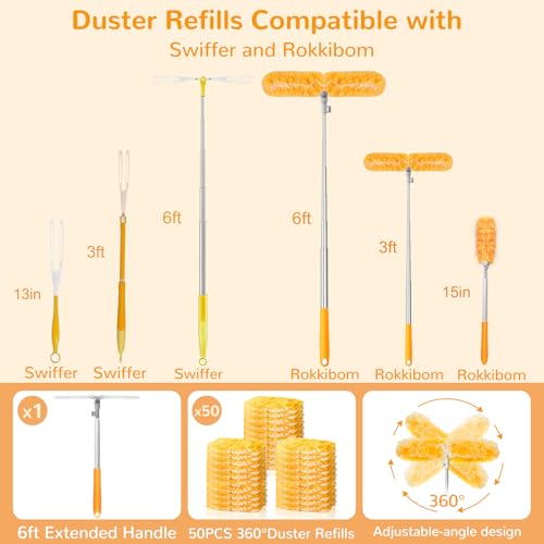 6ft Extendable Microfiber Duster Pole Kit with 50 Refills for High Ceilings