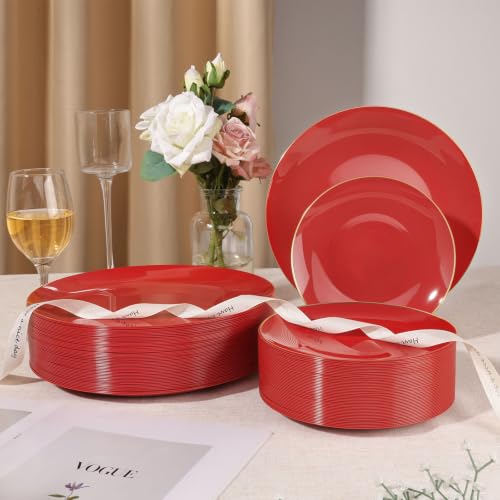 50 Guests Red & Gold Disposable Plastic Plates Dinnerware Set - 350 Pcs