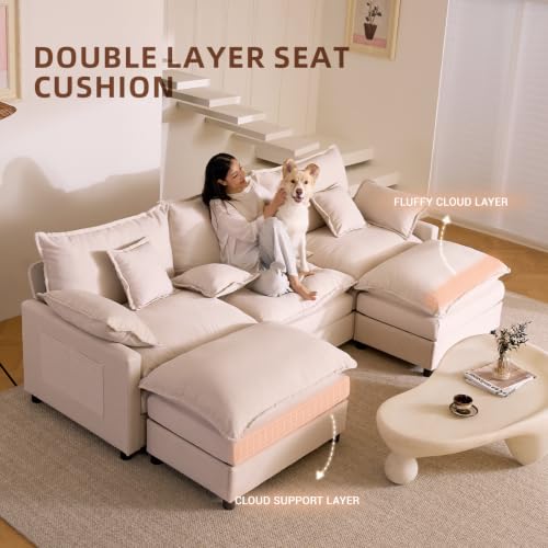 108-Inch U-Shaped Modular Cloud Sofa with Ottoman, Linen Beige
