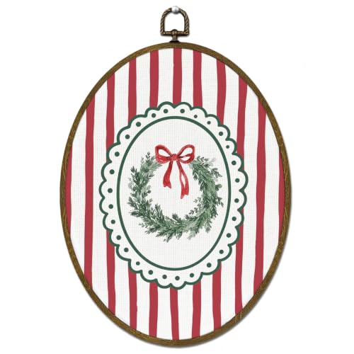 LLOKARNORA Christmas Wreath Canvas Wall Art Oval Frame Red & Green - Holiday Decor