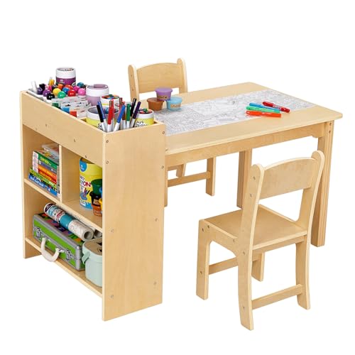 Kids Art Table and 2 Chairs Set with Storage - Wooden Toddler Activity Desk