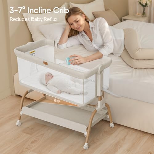 3-in-1 Bedside Bassinet Sleeper for Newborns - 6-Height Adjustable Crib, Beige