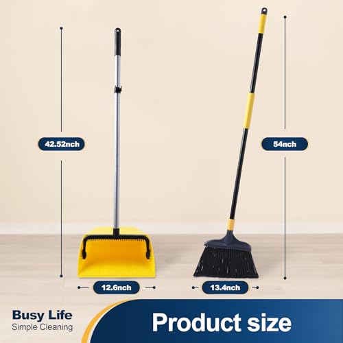 Commercial Heavy Duty Broom and Dustpan Set with Built-In Comb & Long Handle