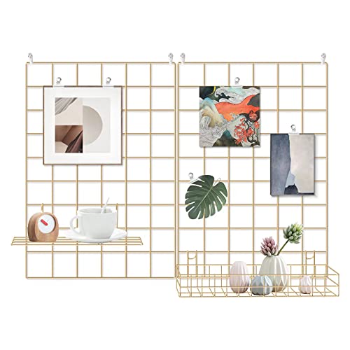 Gold Metal Grid Wall Panel Set - 17.3 x 11.8 Inch Photo Display Organizer