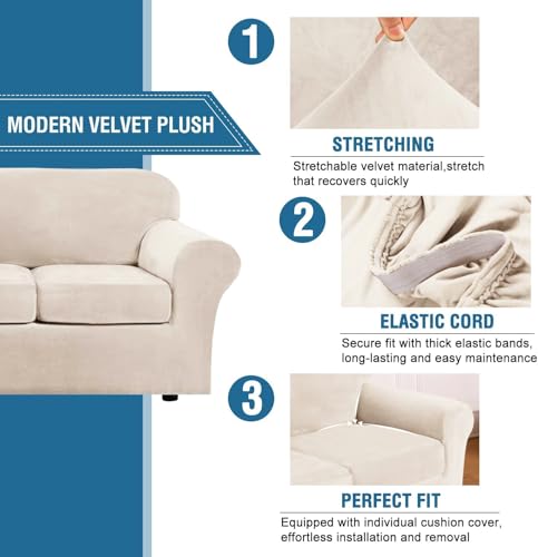 Extra Large Velvet Plush Sofa Slipcover - 4 Piece Furniture Protector
