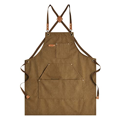 Heavy Duty 100% Cotton Canvas BBQ Apron with Pockets - Adjustable Cross Back