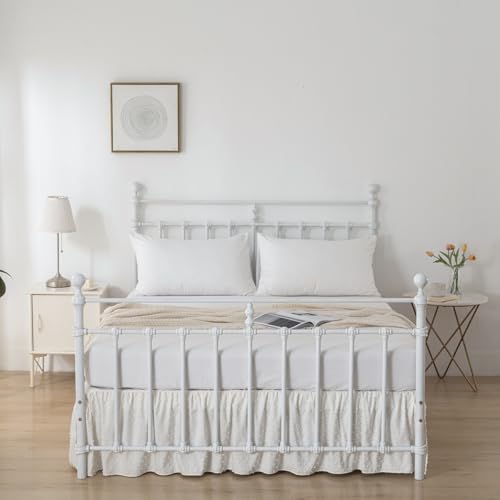 Tufted Dot Queen Bed Skirt - 12 Inch Drop Ruffled Dust Ruffle, Ivory
