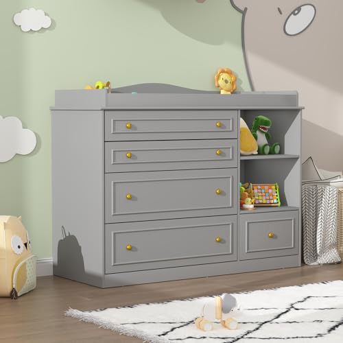 5-Drawer Baby Changing Table Dresser with Storage Shelves, Grey